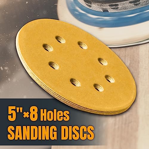 POWERTEC 50 PCS 320 Grit - 5 Inch 8 Hole Hook and Loop Sanding Discs, 5" Sanding Pads for Automotive, Drywall, Woodworking with Orbital Sander, DA Sander, Air Sander (44032G-50)
