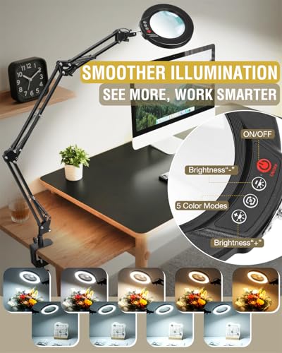 12X Magnifying Glass with Light and Clamp, Extra Long 3 Section Swing Arm - color: Black, size: 12X 36inch Clamp