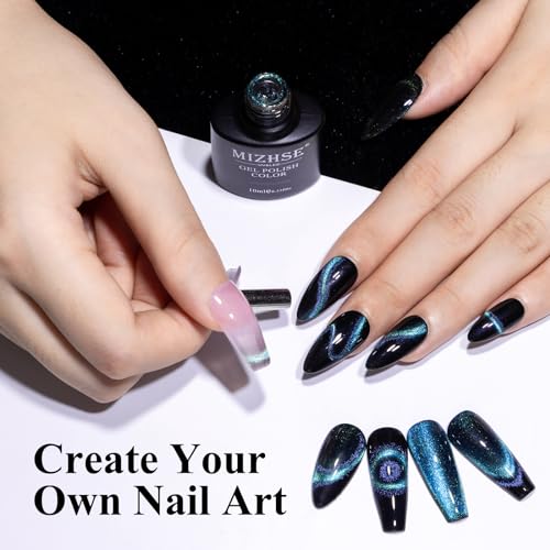 MIZHSE 9D Cat Eye Gel Nail Polish, Dual Colors Blue & Purple Magnetic Gel Polish with Magnet Stick, Magic Chameleon Galaxy Effect Holographic Glitter Silky Cat Eye Nail Polish Soak Off Nail Art Salon - color: 0-0-10Cat Eye Blue