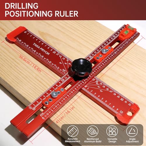14in Woodworking Scriber Marking Line Ruler, Adjustable Aluminum Alloy Sliding T-Square Ruler,Precision Line Drawing aid Ruler with Angle Adjustment Scale Drilling Positioning (Red)