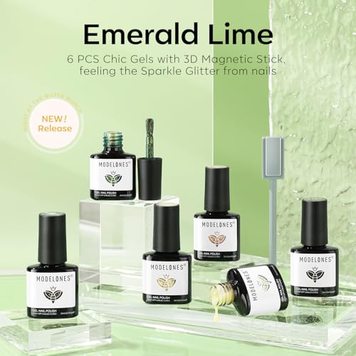 modelones Green Gel Nail Polish Set, 6 Colors Cat Eye Giltter with Magnet - color: A-1-Emerald Lime