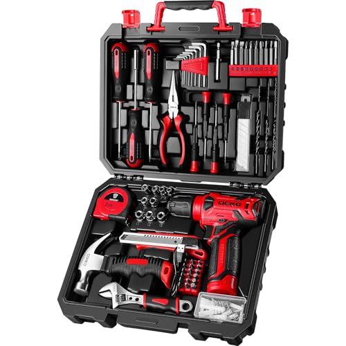 DEKOPRO Drill Set: 8V Cordless Drill, Home Tool Kit with 126 Piece Set - color: Red