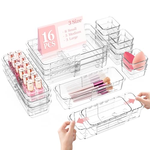DILIBRA 16 Pcs Clear Extendable Drawer Organizer, Adjustable Drawer Storage - size: 3Pcs Large + 5Pcs Medium + 8Pcs Small