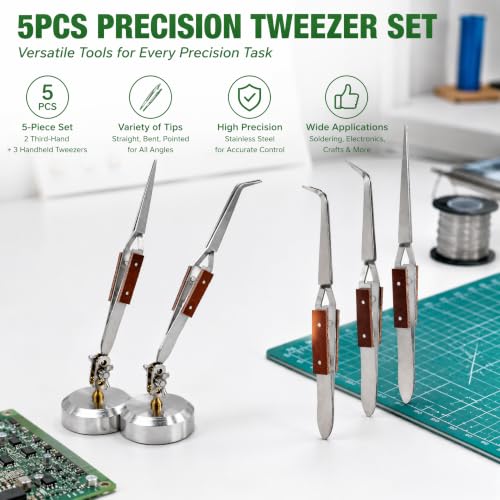 WUWEOT 5 Pcs Soldering Tweezers Set, Straight Curved Welding Plier and Cross Lock Fiber Grip Soldering Tweezers, Jewelry Third Hand Repair Kit Tools for Jewelry Silversmithing and Craft