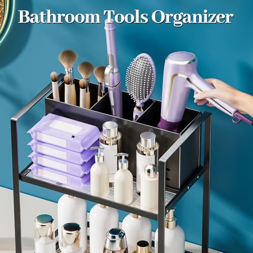 Bathroom Counter Organizer, Metal Vanity Shelf with Hair Dryer Holder - color: carbon black