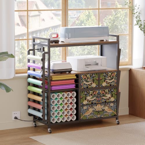 Rolling Craft Organizer and Storage Compatible with Cricut Machine Cart - color: Rustic Brown (Strawberry Thief)
