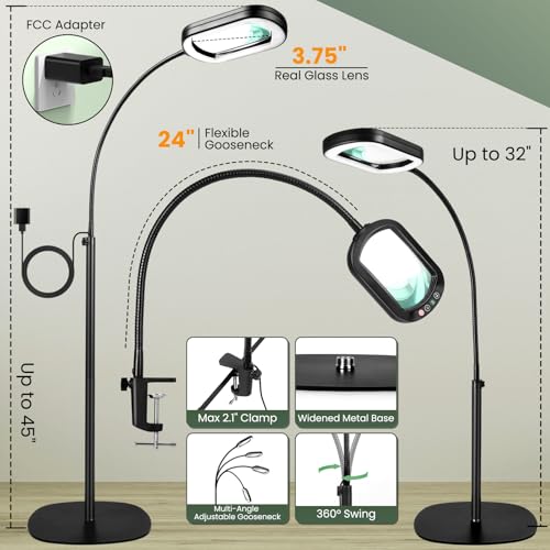 12X Magnifying Glass with Light and Stand, Rectangular Real Glass Lens, 5 Color Modes, Stepless Dimmable, 24" Flexible Gooseneck 3-in-1 Floor Lamp, Lighted Magnifier Hands Free for Craft Hobby Reading