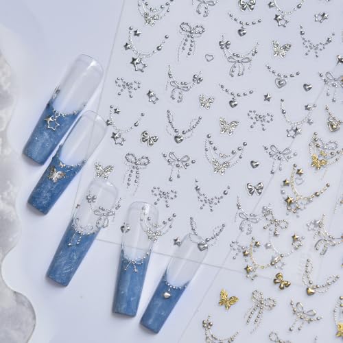 1 Sheet Y2k Silver Bow Stars Heart Nail Art Stickers 5D Embossed Pearl Chains Nail Decals Cute Butterfly Nail Art Sticker Star Bow Nail Stickers for Nail Art Nail Supplies for Women Manicure DIY Decor - color: Silver Pearl Chain Bow