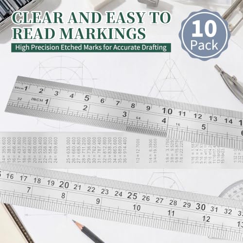 36 Inch Metal Ruler 10 Pack with Inch/Metric Conversion Table - size: 36-inch
