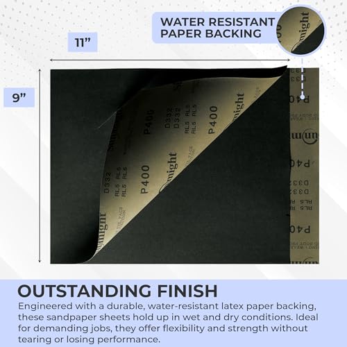 Sunmight 9" X 11" 1200 Grit Sandpaper Sheets - Waterproof Sand Paper with Aluminum Oxide Grain & Latex Paper Backing for All Surface Area Preparation - Sheets (Pack of 5) - style: 1200 Grit