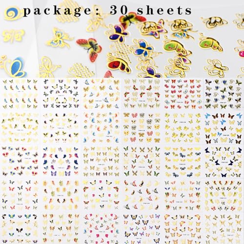30 Sheets Butterfly Nail Stickers for Nail Art,3D Self-Adhesive Nail Decals - color: Butterfly Gold