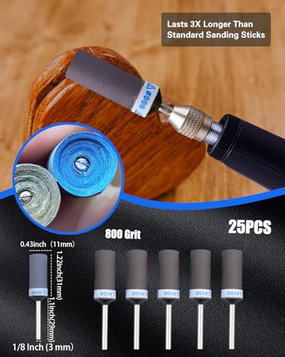 800 Grit Sanding Drums for Dremel Rotary Tools Accessories, 25PCS Sanding Bits Kit for Dremel Sanding Bands with 1/8 inch Shank, Sandpaper Sticks Set for Plastic Wood Metal Grinding Polishing - style: 800 Grit 25PCS