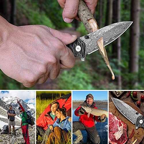 AUBEY Damascus Pocket Knife for Men, Forged 2.95" Damascus Steel Blade DMHY