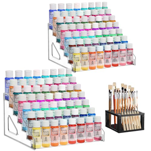 2 Pack 7 Layer Acrylic Paint Organizer & 1 Brush Holder,Model Display Shelf Miniature Paint Bottle Organizer Compatible with Citadel Paints,Others(2 pcs Clear Paints Storage Rack+1 Black Brush Holder)