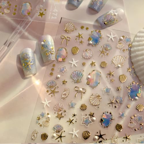 1 Sheet Summer Ocean Nail Art Stickers 5D Embossed Seashell Starfish Nail Stickers Pearl Crystal Diamond Bow Design Gold Beach Shells Nails Supplies Y2K Manicure Decorations for Women DIY Manicure - color: Summer Starfish