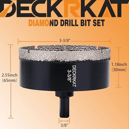 DECKRKAT 3-3/8"Diamond Hole-Saw Bits with Pilot Drill Bit - 3-3/8"Diamond Tipped Tile Hole Saws with Guiding Bit Accurate Drilling for Porcelain Tile Ceramic Pottery Granite Stone Glass Bottles 85mm - size: 3-3/8"