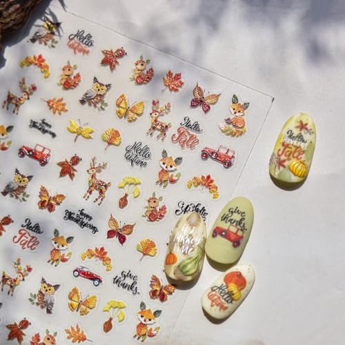1 Sheet Thanksgiving Day Nail Stickers 5D Embossed Maple Leaves Nail Decals Self-Adhesive Autumn Fox Deer Nails Supplies Fall Leaves Nail Design Fall Leaf Nails Accessories for Women DIY Nail Decor - color: Maple Leaf Deer