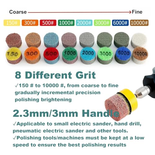1inch 25mm Mini Non-Woven Polishing Pad 9Pcs/Set, 8 Different Grit 150#-10000# Wet Grinding Discs & 3mm Shank Hook & Loop Backing Holder for Detail Fine Grinding - style: 3mm Shank & 8Pcs Pad