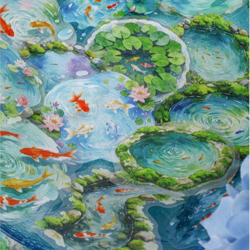120 Pcs Watercolor Koi Pond PET Stickers, Water Lotus Decals Set - color: Clear Pond Reflecting Carp
