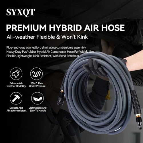 Hybrid Air Hose 1/4-Inch x 100FT,Air Compressor Hose 300 PSI Heavy Duty,Lightweight,Kink Resistant,All-Weather Flexibility With 1/4-Inch Swivel Solid Aluminum Quick Coupler and Plug,Gray - color: Gray, size: 1/4''100FT