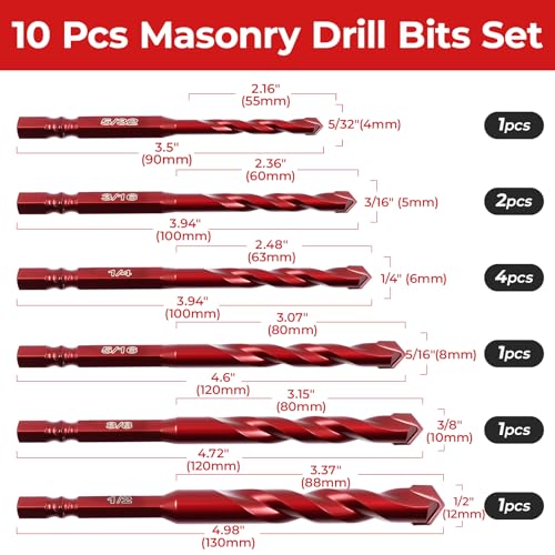 10-Piece Masonry Drill Bit Set 5/32"-1/2" Hex Shank with Case - size: 5/32"-1/2" 10PC (Flat)