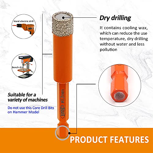 BGTEC Dry Diamond Drill Bits 5pcs 6mm 6mm 8mm 10mm 12mm with Quick Change Hex Shank for Granite Marble Porcelain Tile Ceramic - size: 1/4"+1/4"+5/16"+3/8"+1/2"