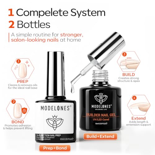 modelones Nail Dehydrator and Primer & Builder Nail Gel Builder Top Coat - color: B-Clear Bulder Nail Prep-2