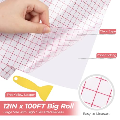 HTVRONT Transfer Tape for Vinyl, 12" x 100 FT, Red Alignment Grid - size: 12" x 100 FT