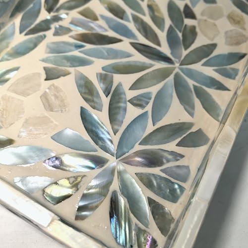 i-lanSet of 2 Mother of Pearl Narrow Vanity Trays, Floral Shell Mosaic