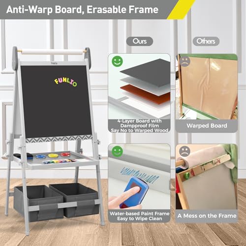 FUNLIO Anti-Warping Kids Art Easel, 3 Height Adjustable for Kids Aged 3-8, All-in-One Toddler Easel with Paper Roll & Erasable Frame, Standing Easel with Magnetic Chalkboard/Whiteboard (Gray) - style: Gray