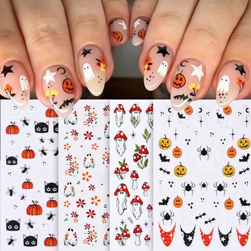 8Pcs Halloween Nail Art Stickers Decals Cute Ghost Pumpkin 3D Self Adhesive Nail Decals Flower Spooky Mushroom Ghost Nail Design Pumpkin Cats Spider Bats French Manicure Supplies for Women Nail Decor - style: bats