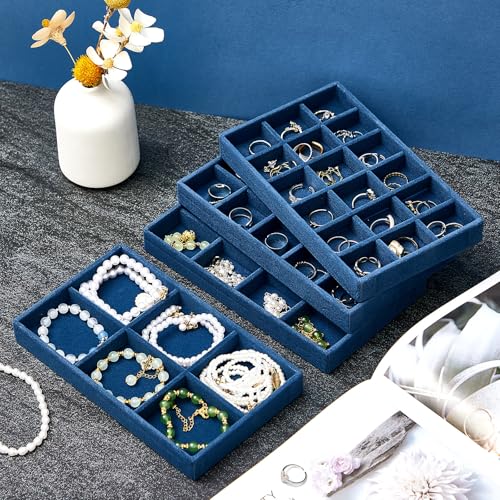 Junkin 12 Pcs Velvet Jewelry Organizer Tray, Stackable Storage - color: Peacock Blue