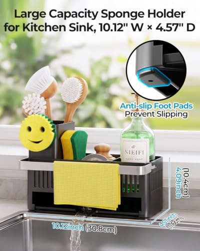 Nieifi Sponge Holder, Black Rustproof ABS Sink Caddy with Towel Rack - color: Black