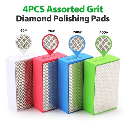 WORKEASE Diamond Hand Polishing Pads, 4PCS Diamond Sanding Block 60/120/240/400 Grit Diamond Hand Pads Foam Backing for Tile Glass Stone Marble Granite Ceramics Metal Wet&Dry - color: 4Pcs