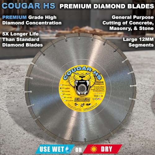 Cougar HS 14 Inch Diamond Concrete Saw Blade, Premium General Purpose Segmented Blade, Dry/Wet Cutting Concrete, Masonry, Brick, & Block 1"-20mm Arbor - size: 14 Inch