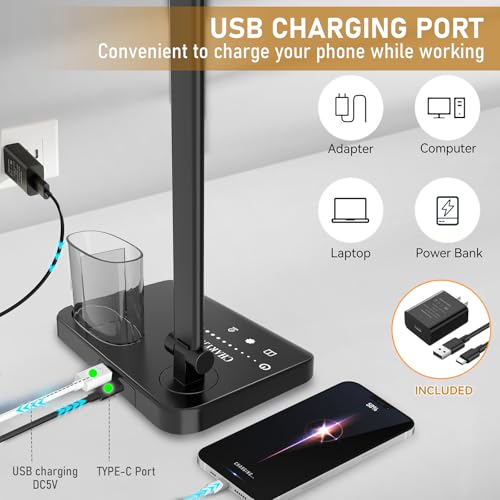 Retractable Dimmable LED Desk Lamp with USB Charging Port Desk Light - color: Pure Black