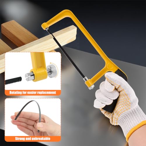 Mini Hacksaw with Miter Box, 6" Hand Saw Kit with 2 Spare Blades & Gloves - color: Yellow