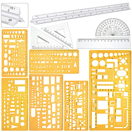Zonon 11 Pcs Architect Scale & Geometric Drawing Template, Stylish, Yellow - color: Yellow, style: Stylish