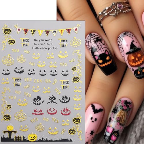 12 Sheets Halloween Nail Stickers for Nail Art,3D Self-Adhesive Nail Decals - color: Halloween Golc