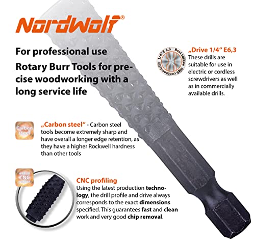 NordWolf 10-Piece Rotary Burr Wood Carving Rasp Files Set, with 1/4" Hex Shank for Wood Deburring, Shaping & Grooving - size: 1/4" Hex Shank (10 Pcs)