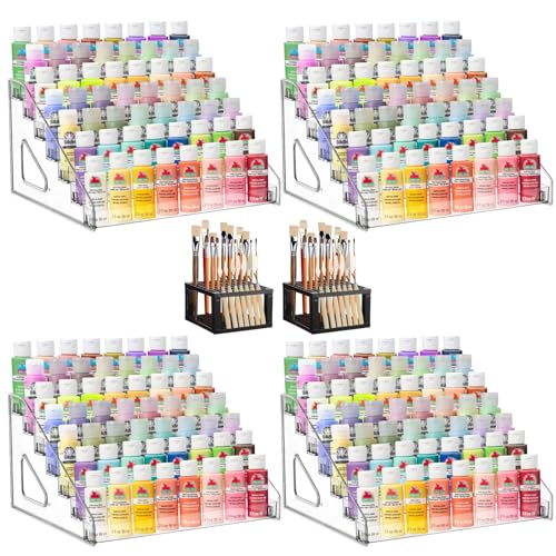 YEXEXINM 4 Pcs Clear Paint Organizer With 2 Pcs Paint Brush Holder,7 Layers Acrylic Paints Organizer Storage Rack,Craft Paints Organizers Rack - size: Clear