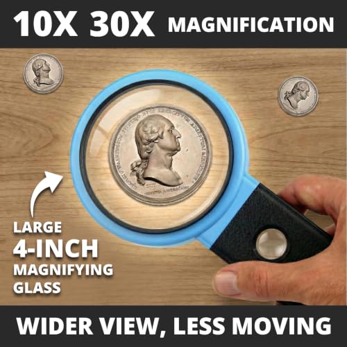 VisionAid 30X 10X Hands-Free Magnifying Glass with Stand, LED Lights, Loupe Handheld Illuminated Magnifier for Low Vision Seniors Reading - size: 4 inches