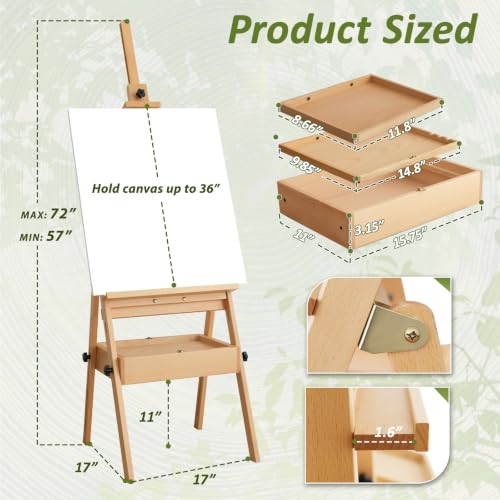 Beech Wood H-Frame Art Easel Stand, 57"-72" Height Adjustable Wooden Easel - color: Natural Wood