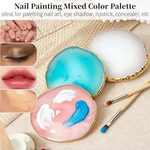 Resin Nail Art Palette-3Pcs Polish Palette, Gilded Edge Gel Nail Polish Holder Tray DIY, Makeup Display Board Cosmetic Mixing Tools(White,Pink,Blue)
