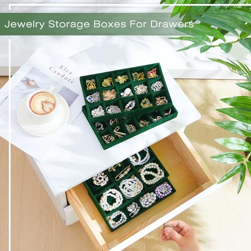 Junkin 12 Pcs Velvet Jewelry Organizer Tray, Stackable Storage - color: Green