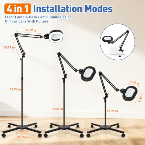 Floor Magnifying Glass with Light, 4 Wheel Stable Stand Base 12X 30X - color: Black