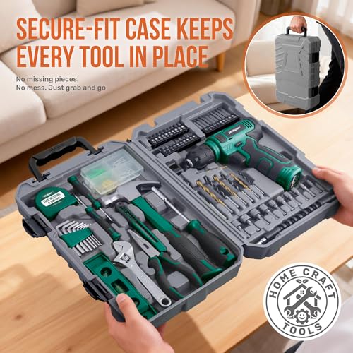 Hi-Spec 8V USB Power Drill Driver and Home Tool Kit with Toolbox Set, Green - color: Green, size: 130-Piece