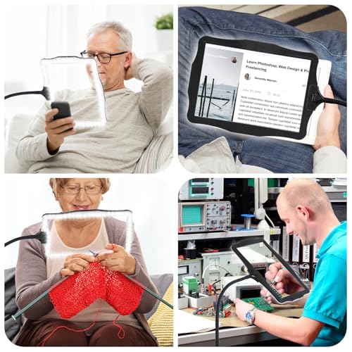 Hands-Free Floor Magnifying Glass with Light and Stand 48-LEDs Lighted Magnifying Lamp with 360° Flexible Gooseneck for Reading Close Work Repair Crafts