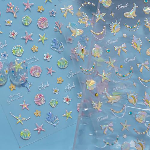 1 Sheet Starfish Nail Art Stickers Holographic Laser Summer Nail Stickers Shiny Shell Light 5D Embossed Starfish Nail Decals Marine Life Dolphin Conch Nails Design Ocean Beach Nail Supplies for Women - style: conch
