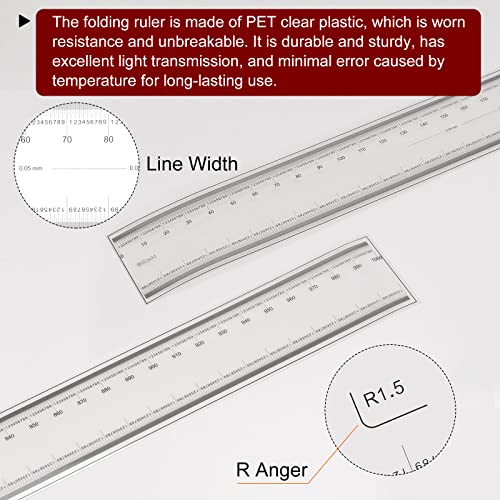HARFINGTON 2pcs Film Flexible Ruler 100cm 0.1mm Scale with R Angle & Width Lines PET Plastic Folding Straight Ruler Calibration Soft Ruler Measuring Tool for Factory, Transparent - size: 100cm